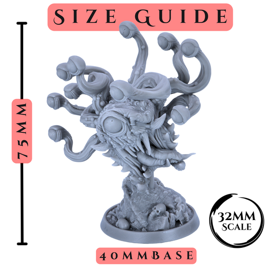 Size guide for Eye Tyrant miniature showing 75mm height, 40mm base, and 32mm scale.