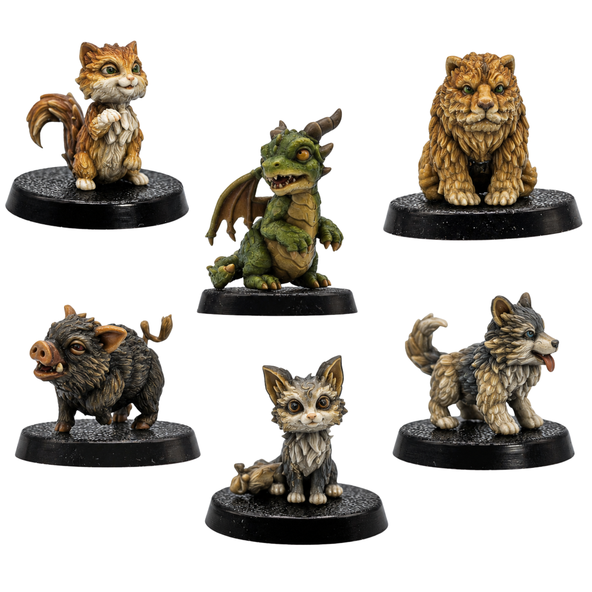 Painted set of six Fantasy Familiars by Forged Path Miniatures including puppy, fox, cat, baby boar, bear cub, and wyrmling.