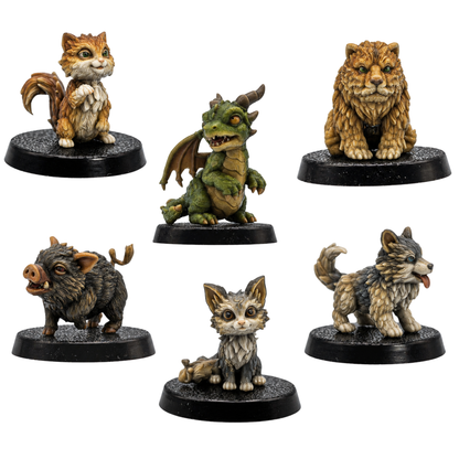 Painted set of six Fantasy Familiars by Forged Path Miniatures including puppy, fox, cat, baby boar, bear cub, and wyrmling.