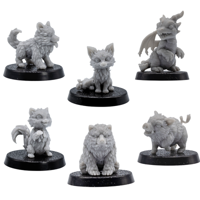 Unpainted set of six Fantasy Familiars showing the puppy, fox, cat, baby boar, bear cub, and wyrmling.