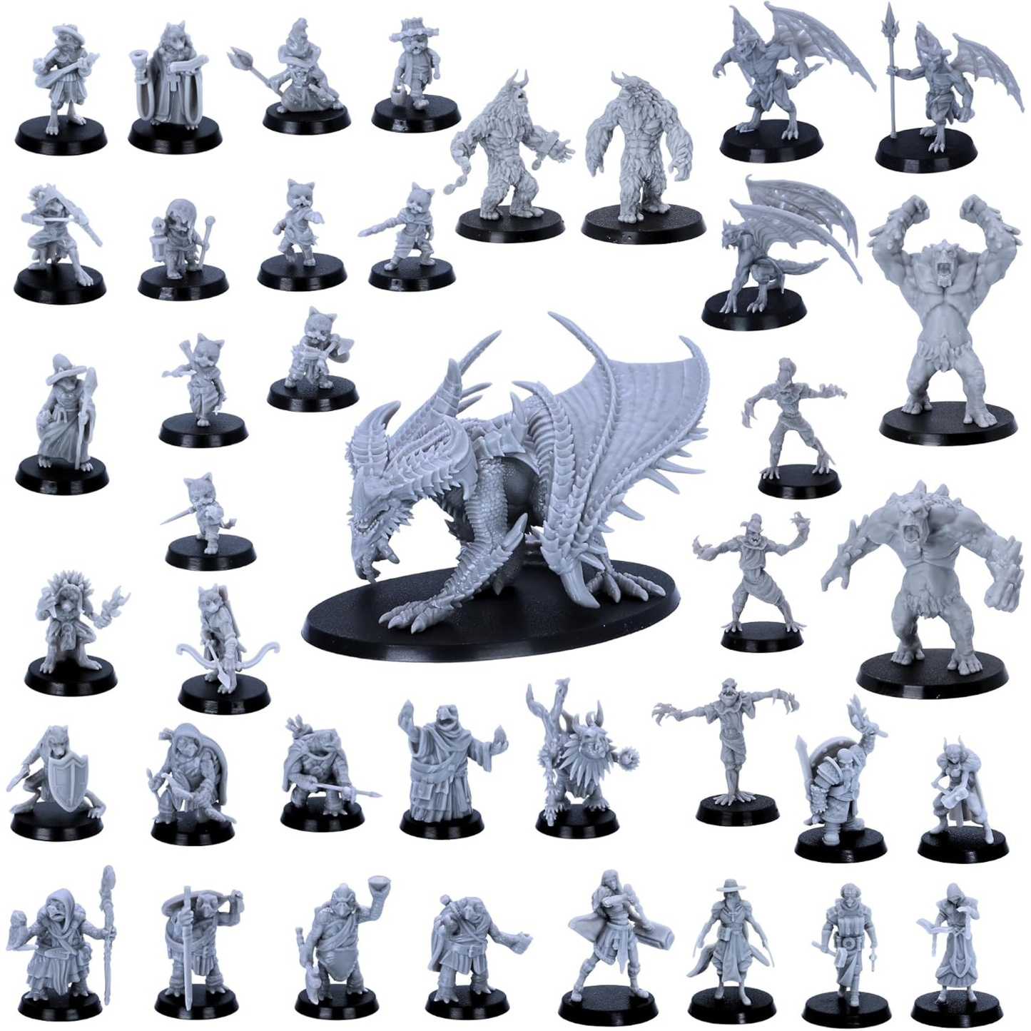 Complete fantasy miniature collection featuring playable characters, monsters, NPCs, animal folk and a large dragon.