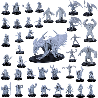 Complete fantasy miniature collection featuring playable characters, monsters, NPCs, animal folk and a large dragon.