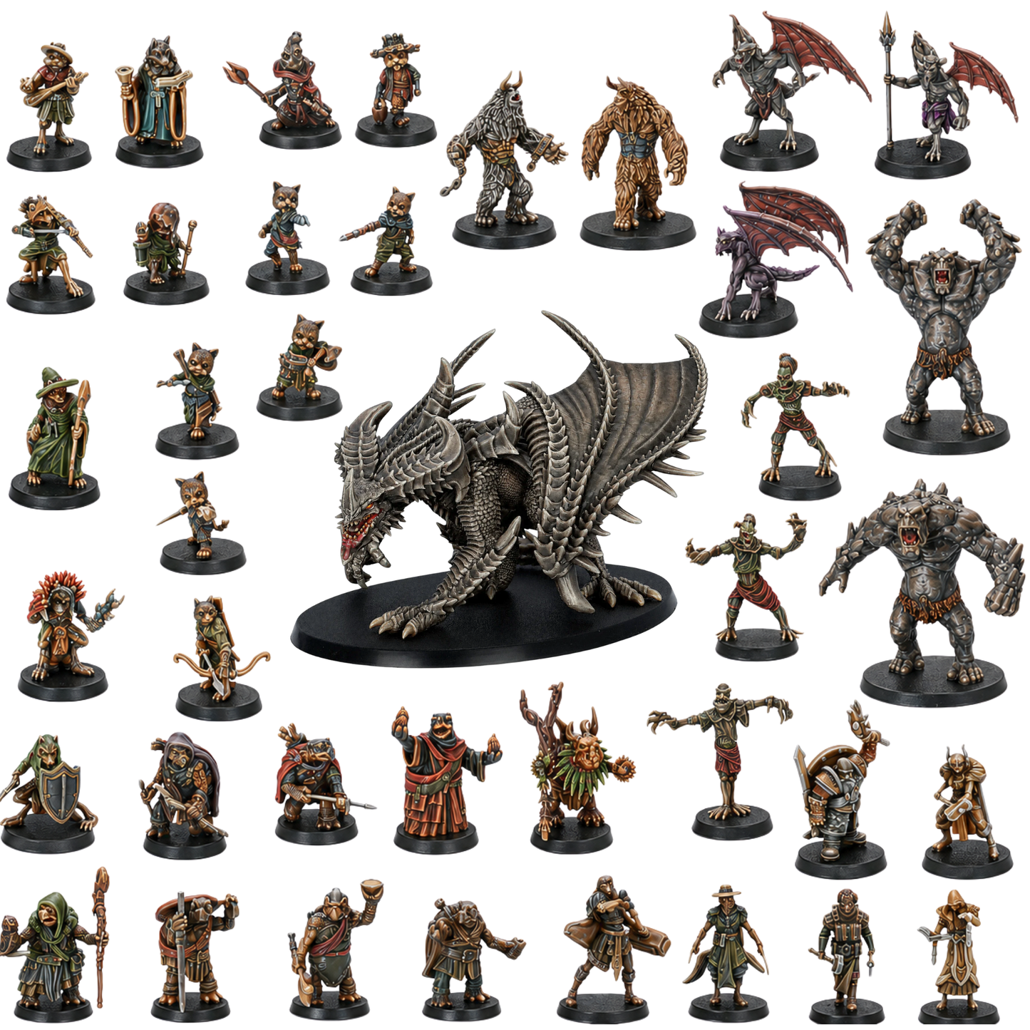 Painted Fantasy Miniatures Set of 40 by Epic Miniatures featuring heroes, monsters, animal folk, NPCs and a large Iron Dragon.