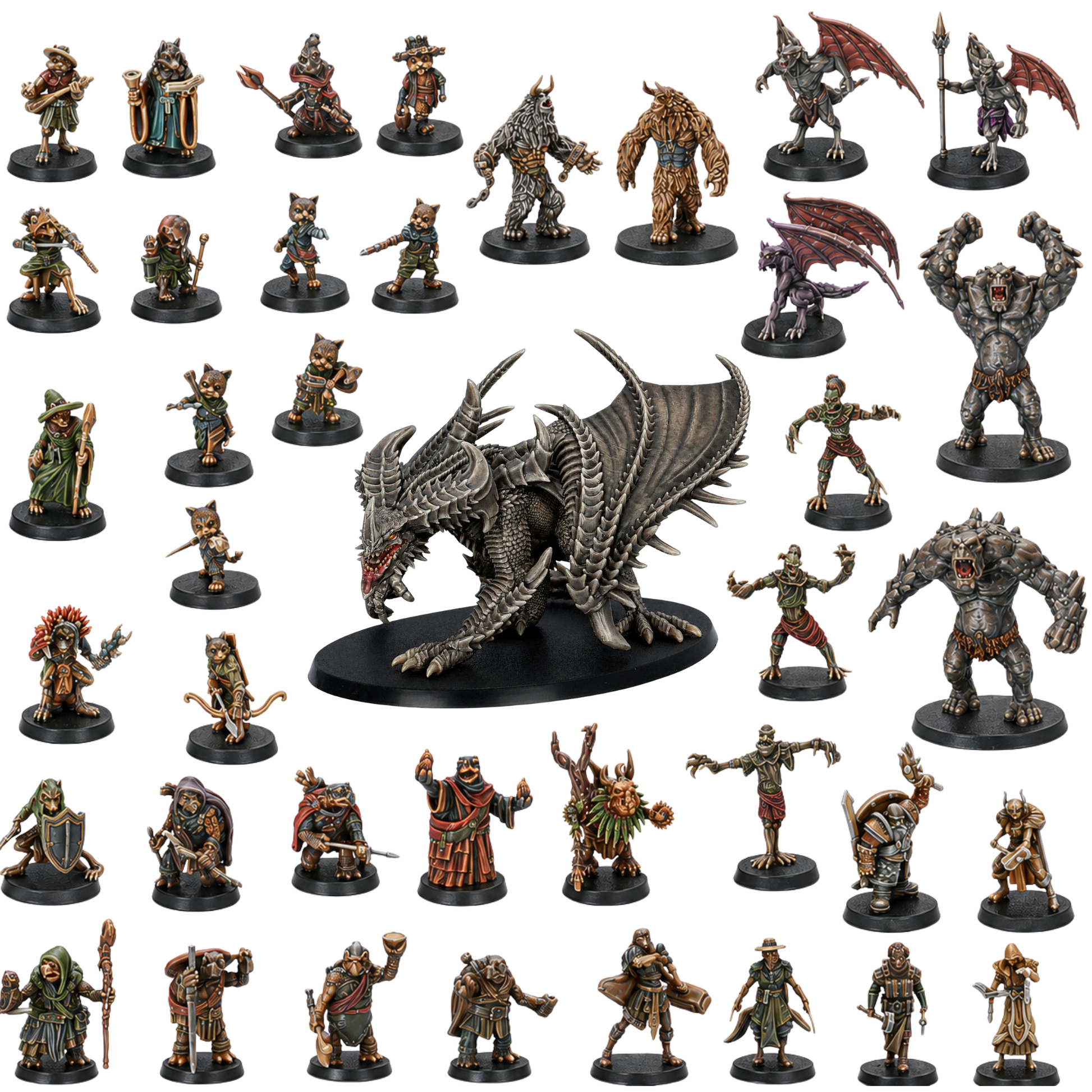 Painted Fantasy Miniatures Set of 40 by Epic Miniatures featuring heroes, monsters, animal folk, NPCs and a large Iron Dragon.