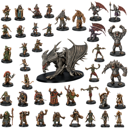 Painted Fantasy Miniatures Set of 40 by Epic Miniatures featuring heroes, monsters, animal folk, NPCs and a large Iron Dragon.