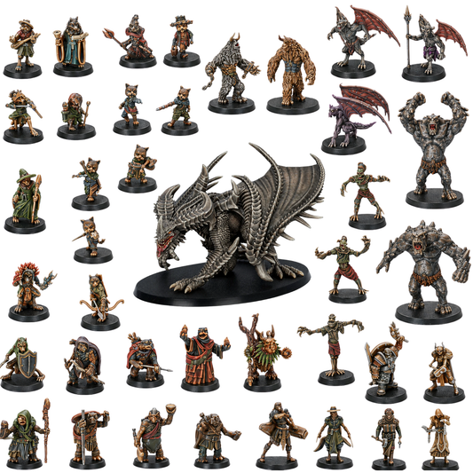 Painted Fantasy Miniatures Set of 40 by Epic Miniatures featuring heroes, monsters, animal folk, NPCs and a large Iron Dragon.