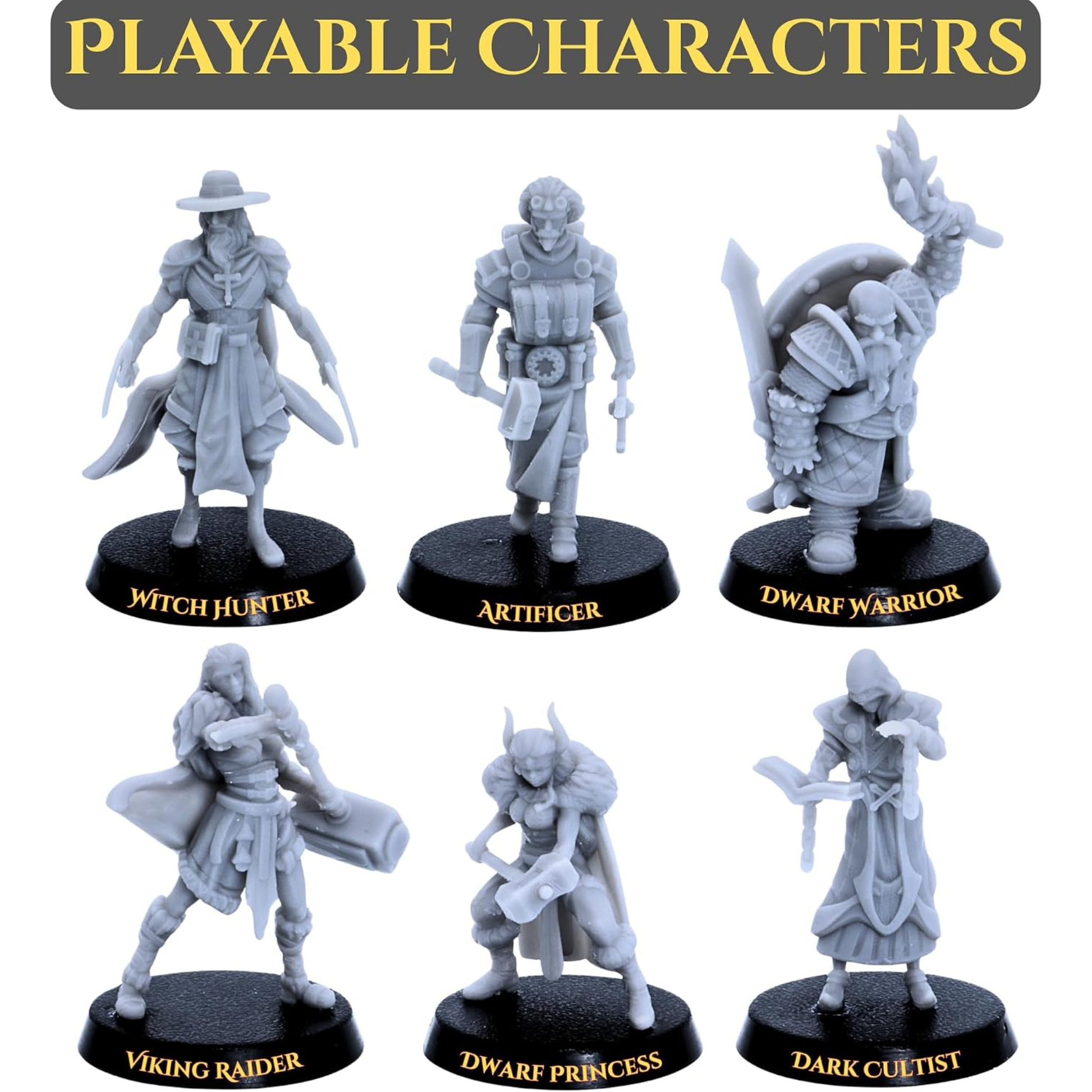 Selection of fantasy playable character miniatures including Witch Hunter, Artificer, Dwarf Warrior, Viking Raider, Dwarf Princess and Dark Cultist.