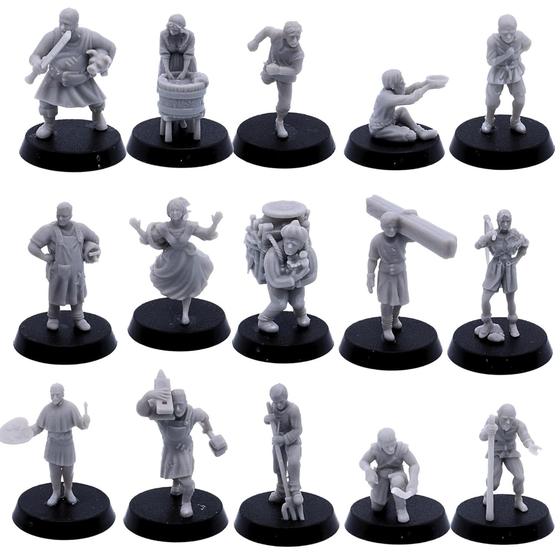 Complete set of 15 farm villager miniatures featuring varied rural workers, townsfolk and civilian characters.