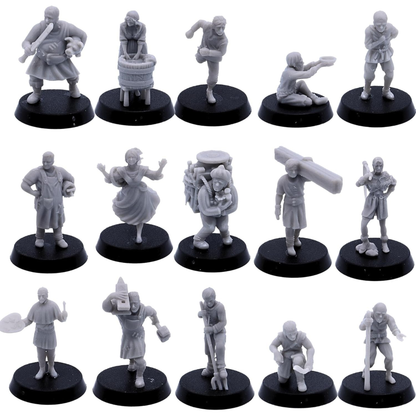 Complete set of 15 farm villager miniatures featuring varied rural workers, townsfolk and civilian characters.
