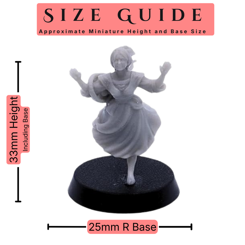 Farm Villagers set of 15 28mm scale miniatures size guide showing an approximate 33mm height including base and 25mm round base size.
