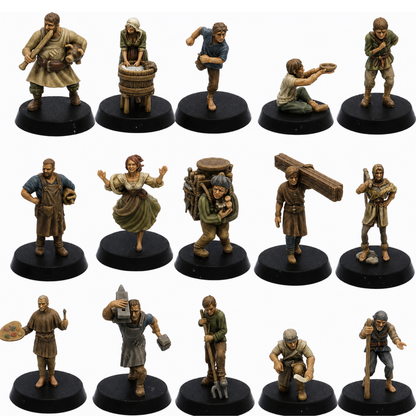 Painted Farm Villagers Set of 15 by Epic Miniatures featuring farmers, craftsmen, labourers and rural townsfolk.