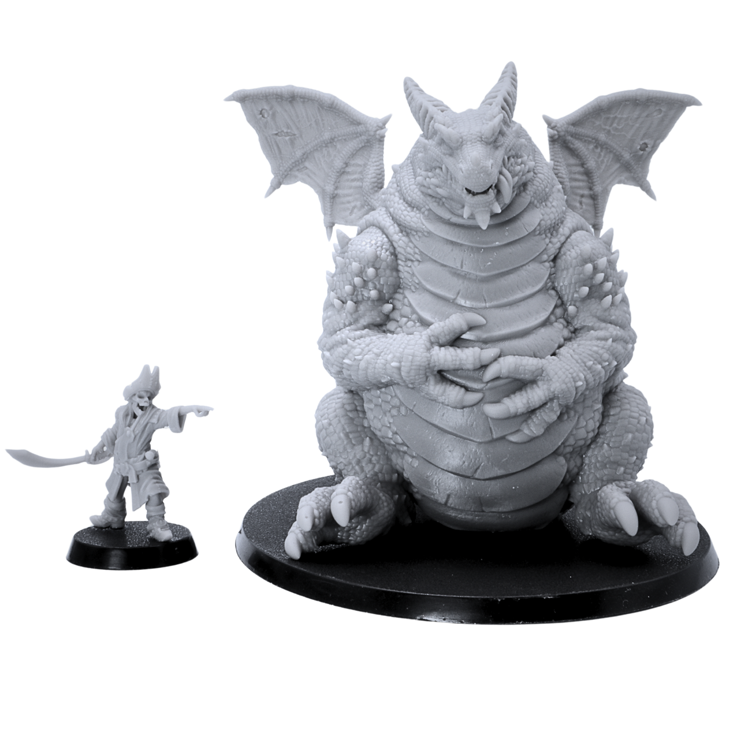Fat Dragon Sitting miniature shown next to a 28mm scale adventurer for size comparison.
