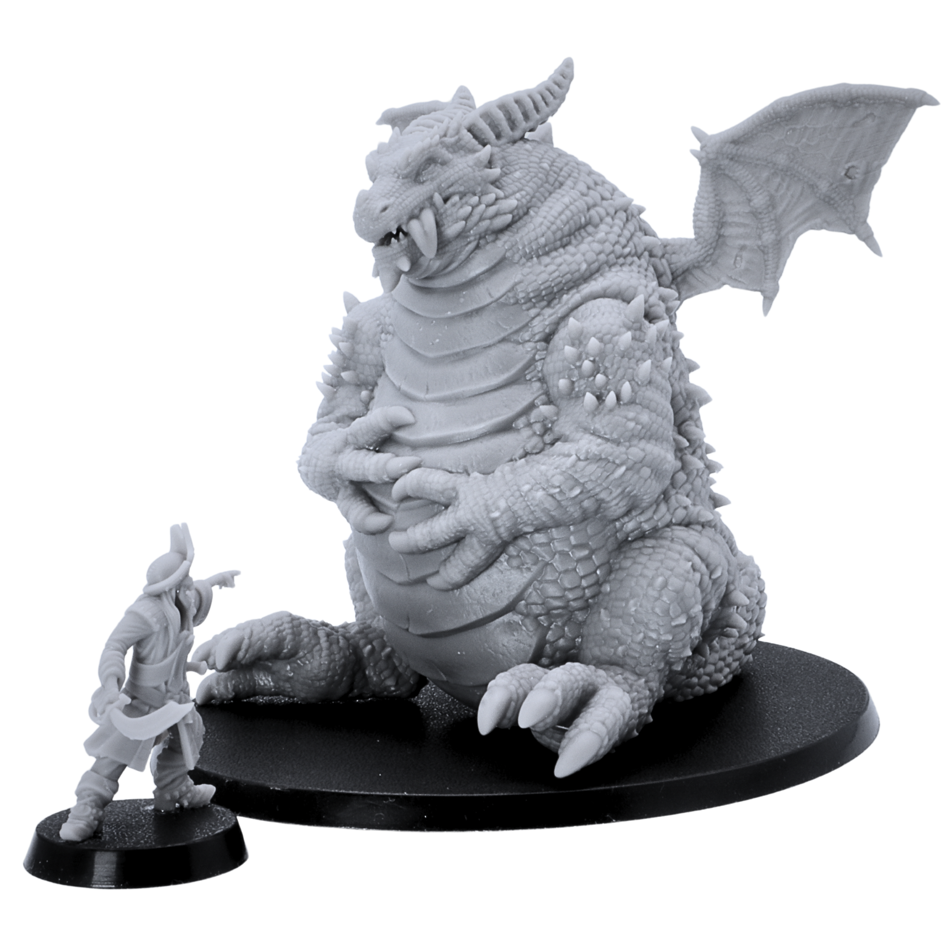 Side view of the Fat Dragon Sitting miniature with a 28mm scale character for comparison.