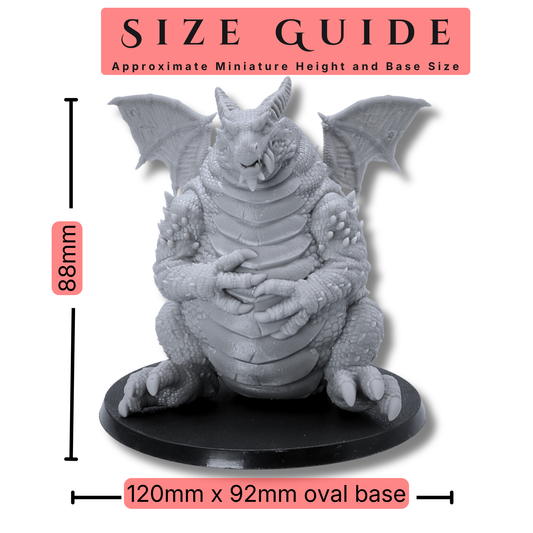 Size guide for Fat Dragon Sitting miniature showing 88mm height and 120mm x 92mm oval base.