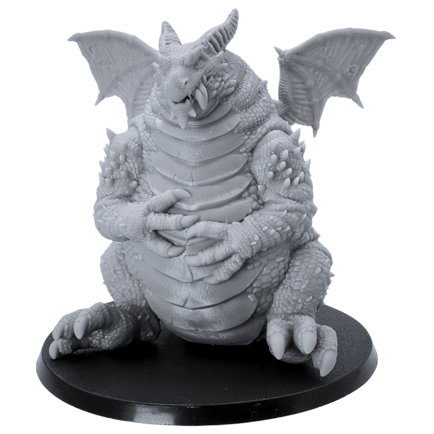 Unpainted Fat Dragon Sitting miniature front view showing large belly, horns, wings, claws, and scales.