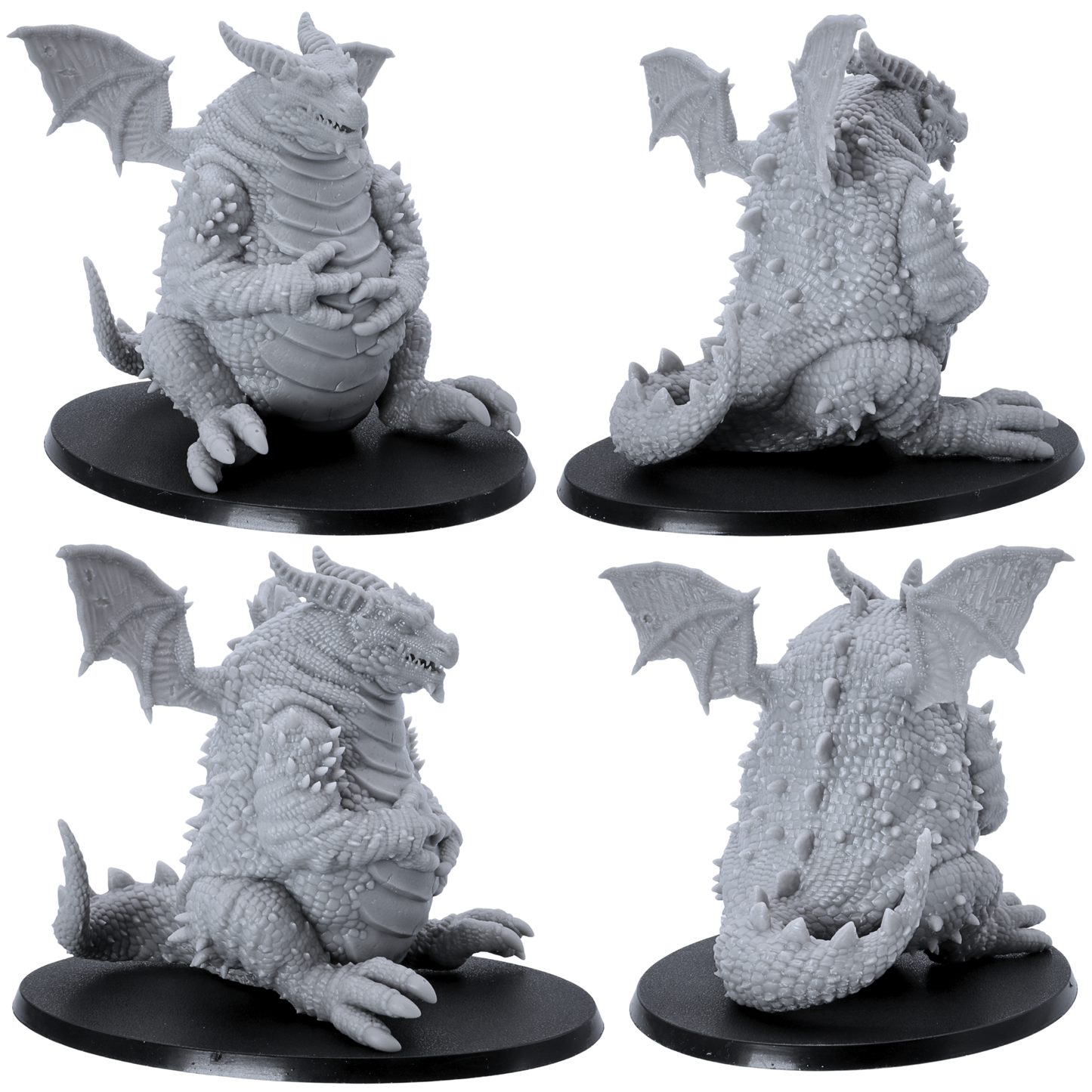 Multiple unpainted views of the Fat Dragon Sitting miniature showing front, side, and rear details.