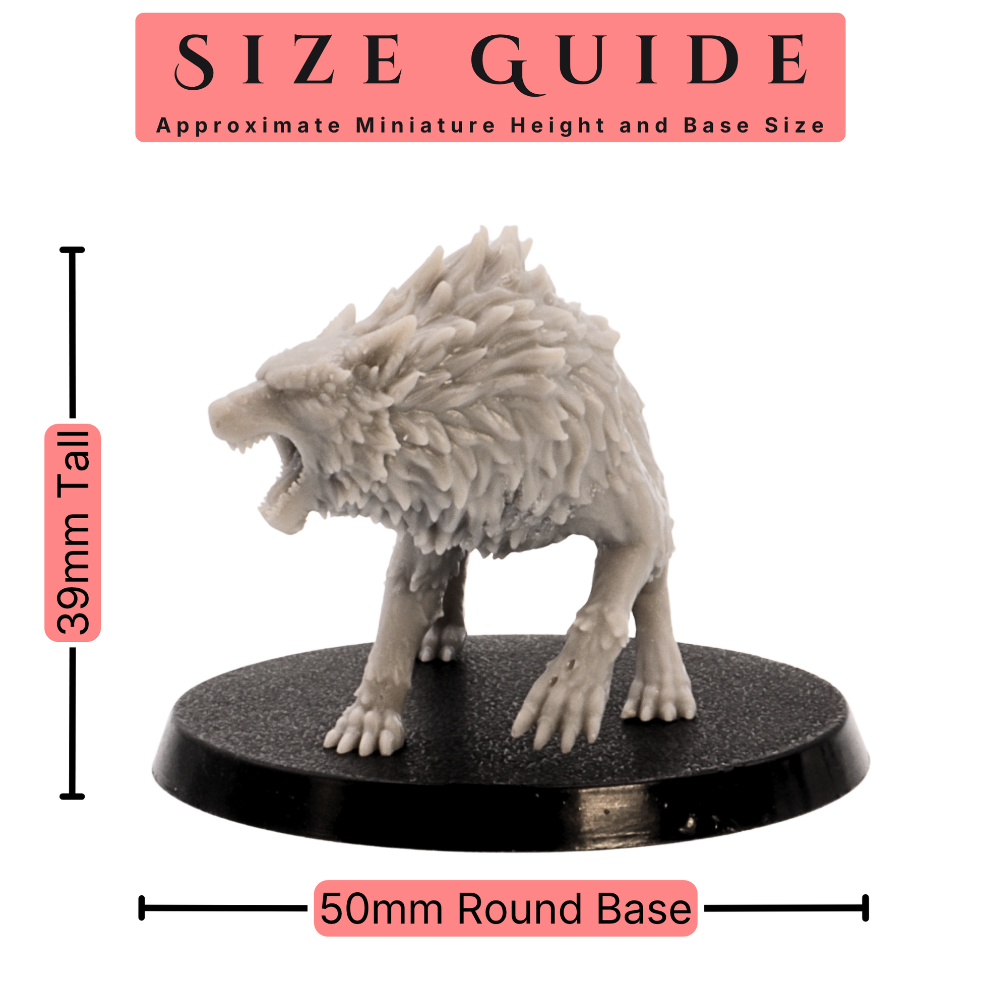 Size guide for a 28mm scale Fenrir miniature showing 39mm height and 50mm round base.