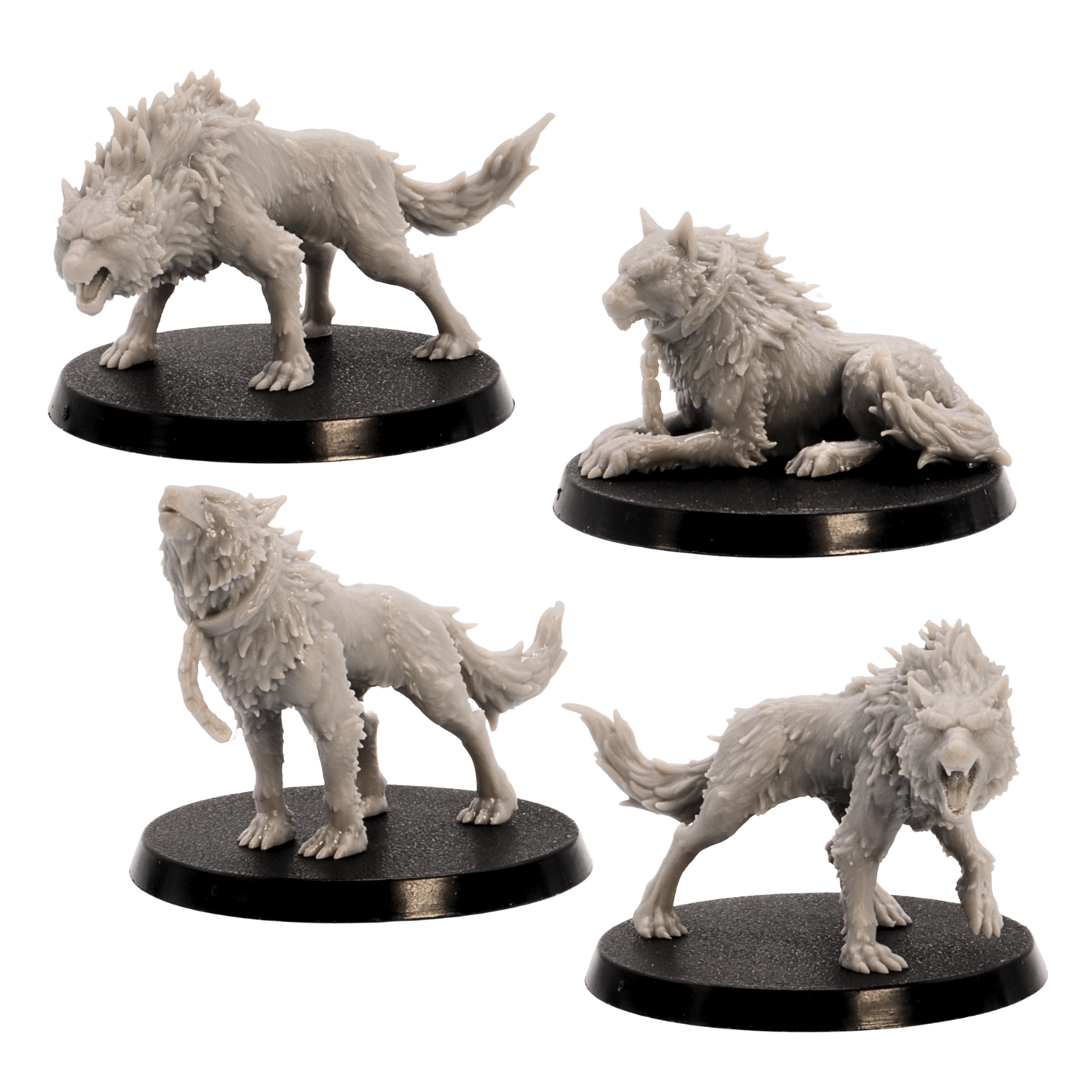 Unpainted Fenrir miniature set by Epic Miniatures showing four wolf models from front and angled views on round bases.