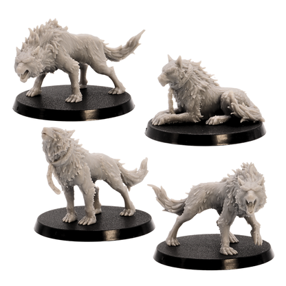 Unpainted Fenrir miniature set by Epic Miniatures showing four wolf models from front and angled views on round bases.