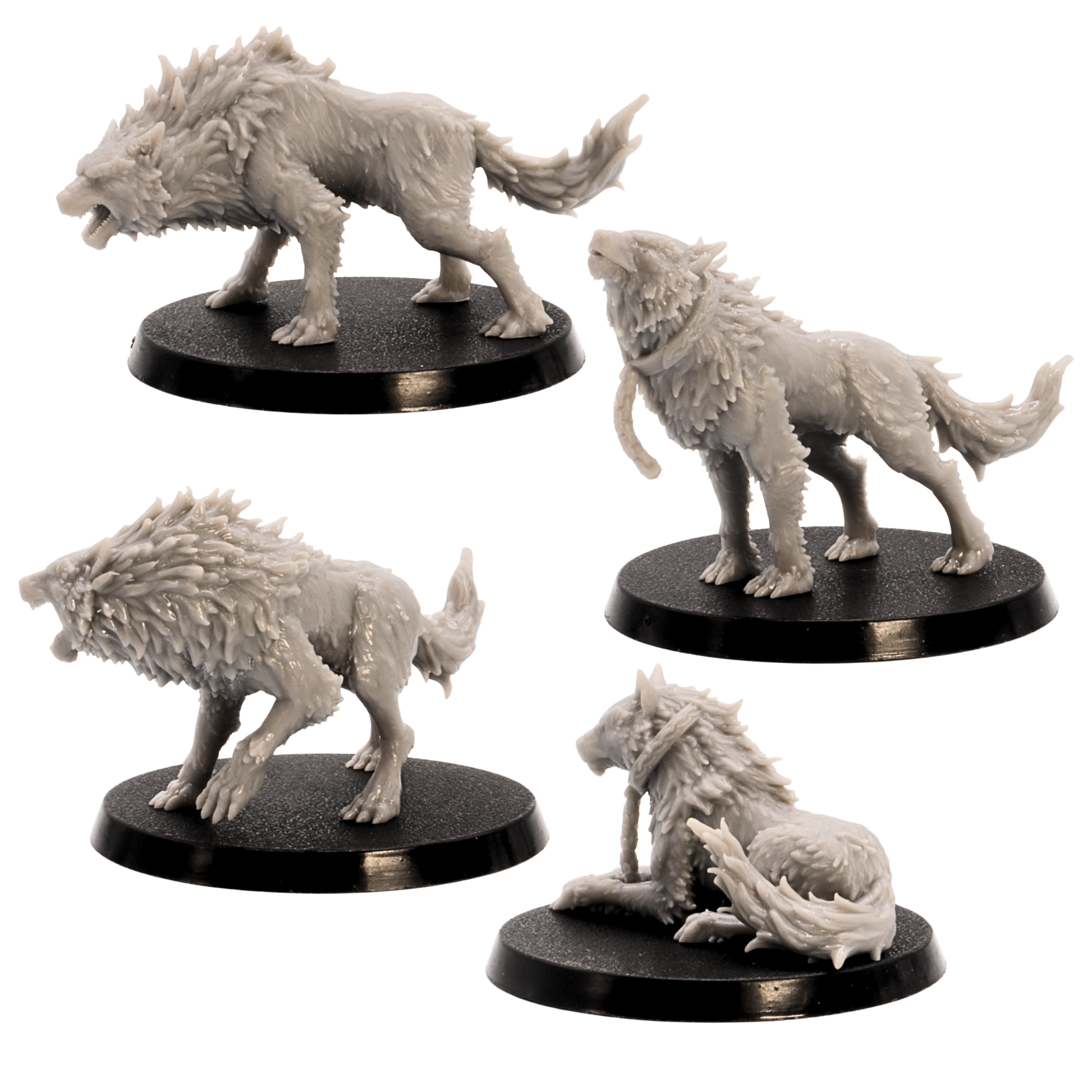 Unpainted Fenrir x 4 set by Epic Miniatures showing side views of fantasy wolf miniatures on 50mm round bases.