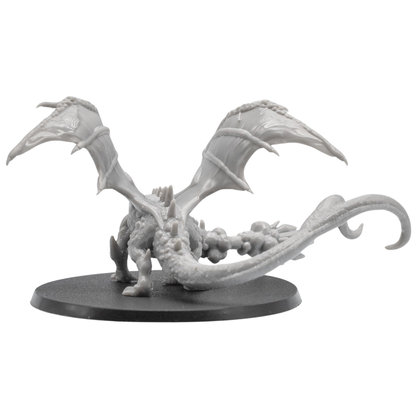 Back view of the Fire Breathing Crystal Dragon miniature showing wide wings, curling tail, rear sculpt detail, and 120mm x 92mm oval base.