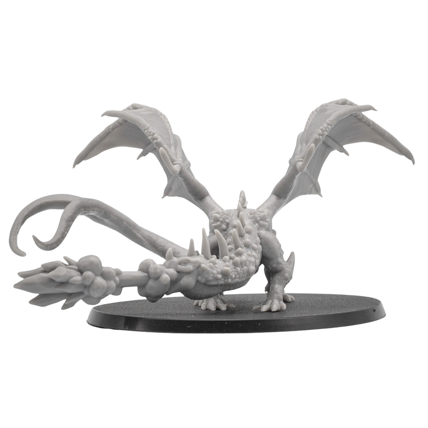 Front view of an unpainted Fire Breathing Crystal Dragon fantasy miniature showing open mouth, sculpted fire breath, raised wings, and oval base.