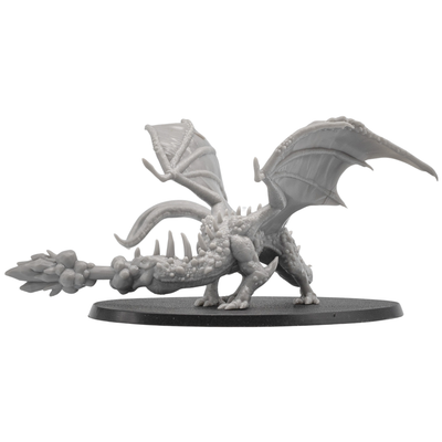 Side view of an unpainted Fire Breathing Crystal Dragon resin miniature by Epic Miniatures showing wings, tail, flame breath, and oval base.