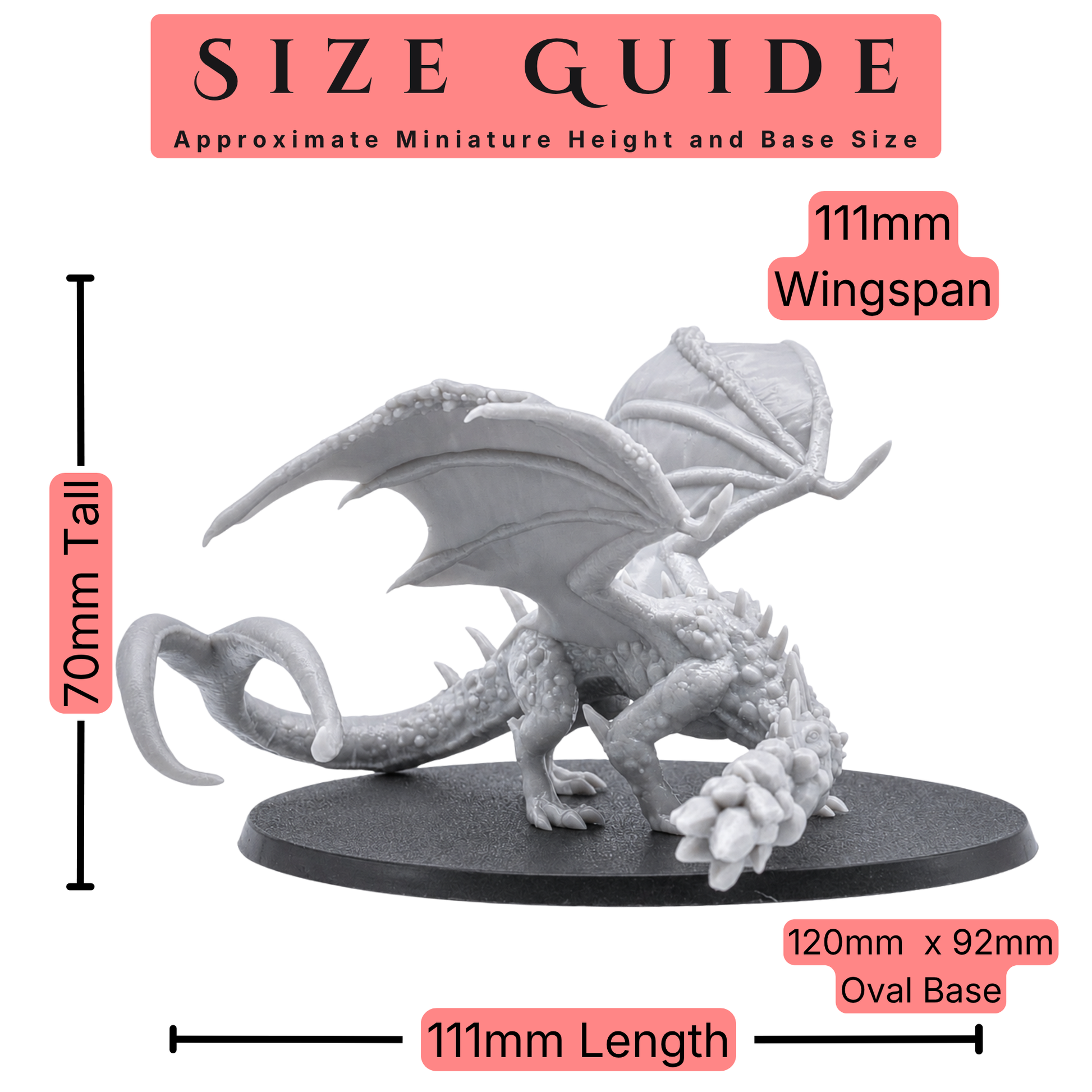 Size guide for a 28mm scale Fire Breathing Crystal Dragon miniature showing 70mm height, 111mm wingspan, 111mm length, and 120mm x 92mm oval base.