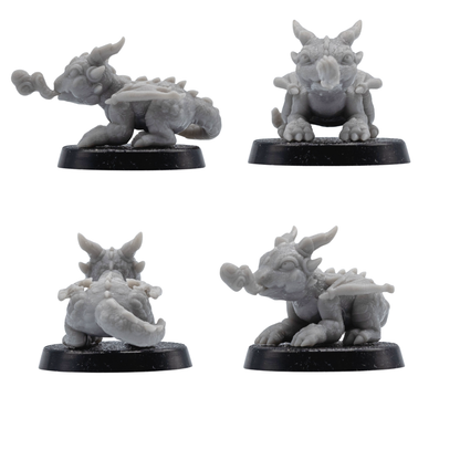 Unpainted crawling wyrmling familiar miniature breathing a small flame while standing on a 25mm round base.