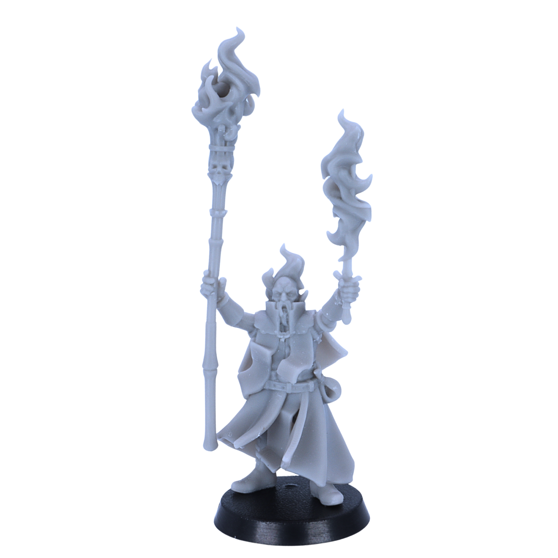 Unpainted fire mage miniature by Highlands Miniatures holding flaming magical staffs.