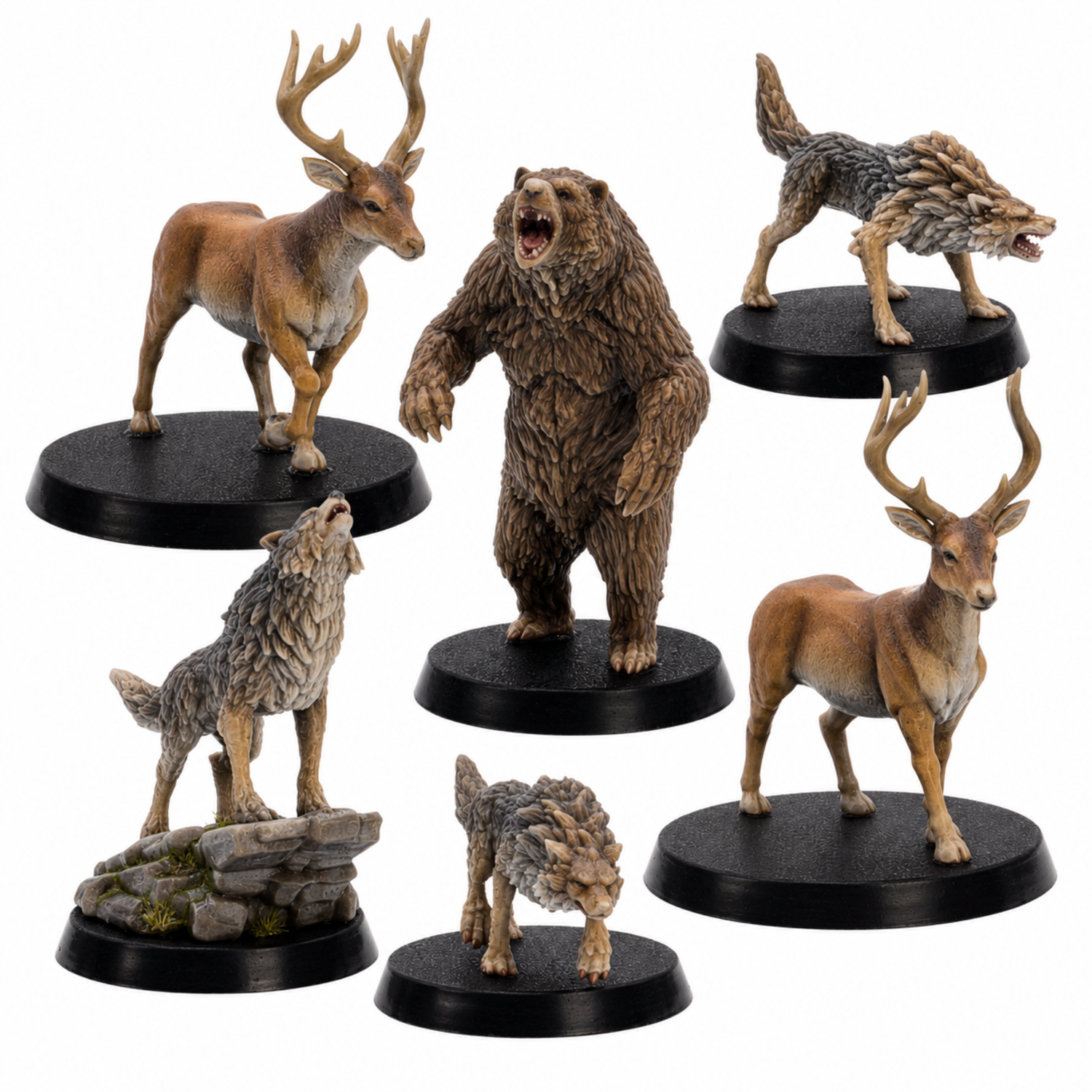 Painted Forest Animals by Epic Miniatures showing bear, stag, deer, and wolf miniatures on round bases.