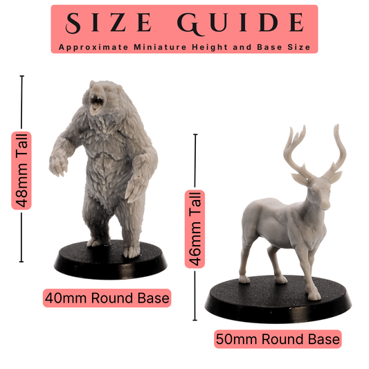 Size guide for Forest Animals by Epic Miniatures showing a 48mm tall bear on a 40mm round base and a 46mm tall stag on a 50mm round base.