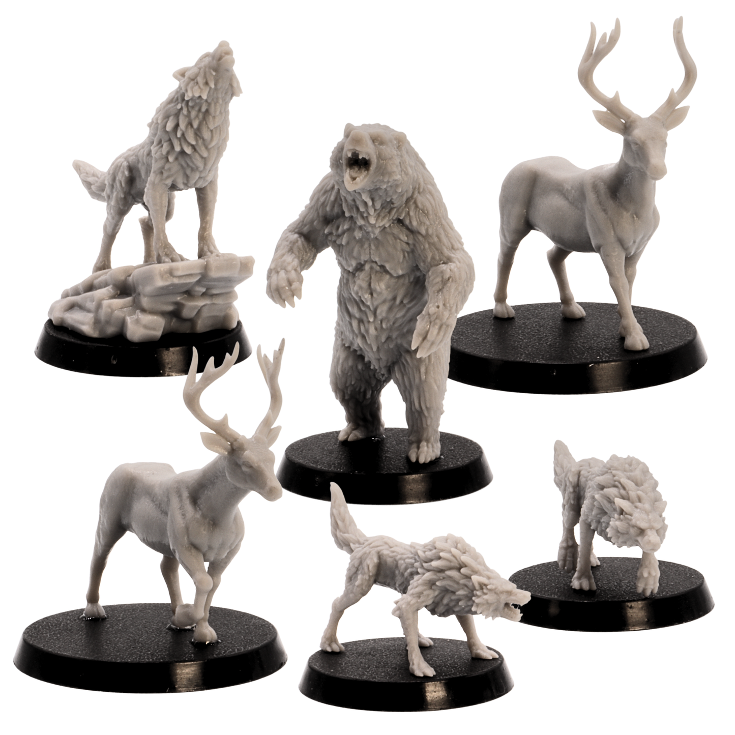Unpainted Forest Animals set by Epic Miniatures showing six woodland creature miniatures with assorted round bases.