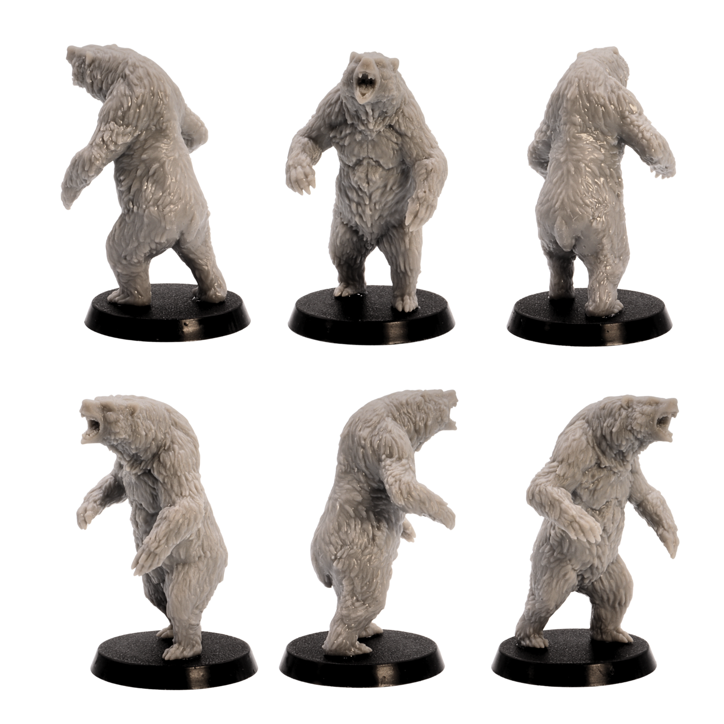 Unpainted bear miniature from the Forest Animals set shown from multiple angles on a round base.