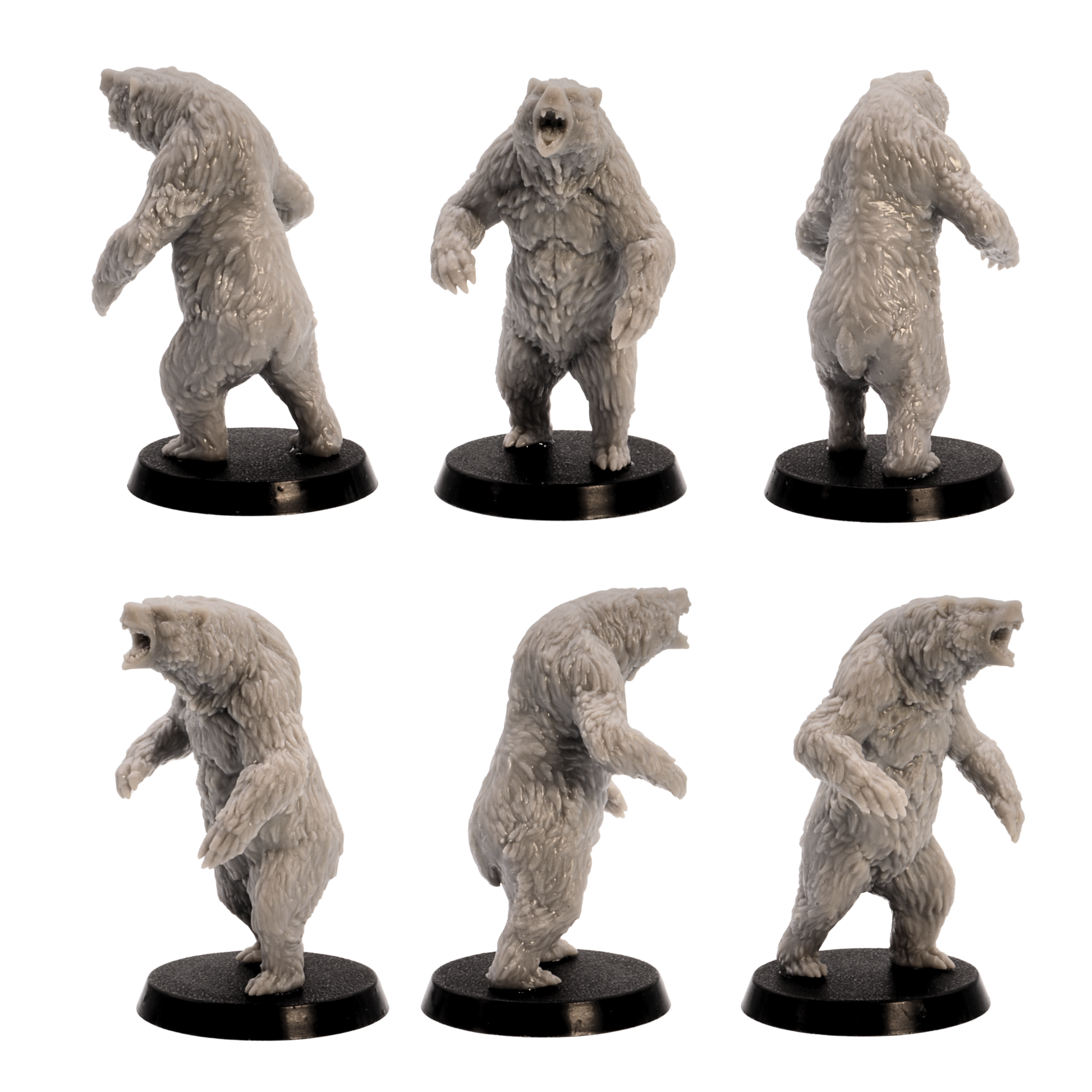 Unpainted bear miniature from the Forest Animals set shown from multiple angles on a round base.