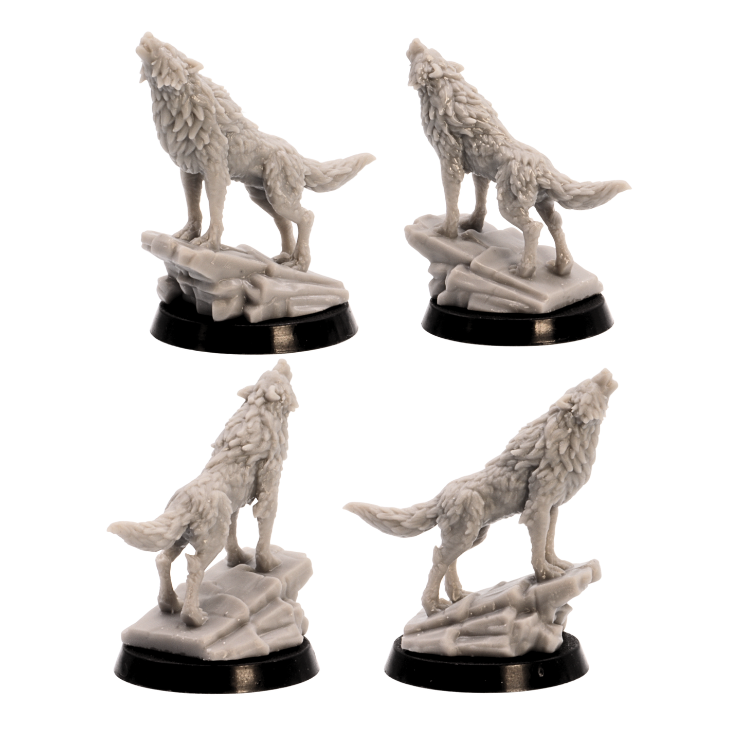 Unpainted howling wolf miniature standing on a rocky scenic base from the Forest Animals set.
