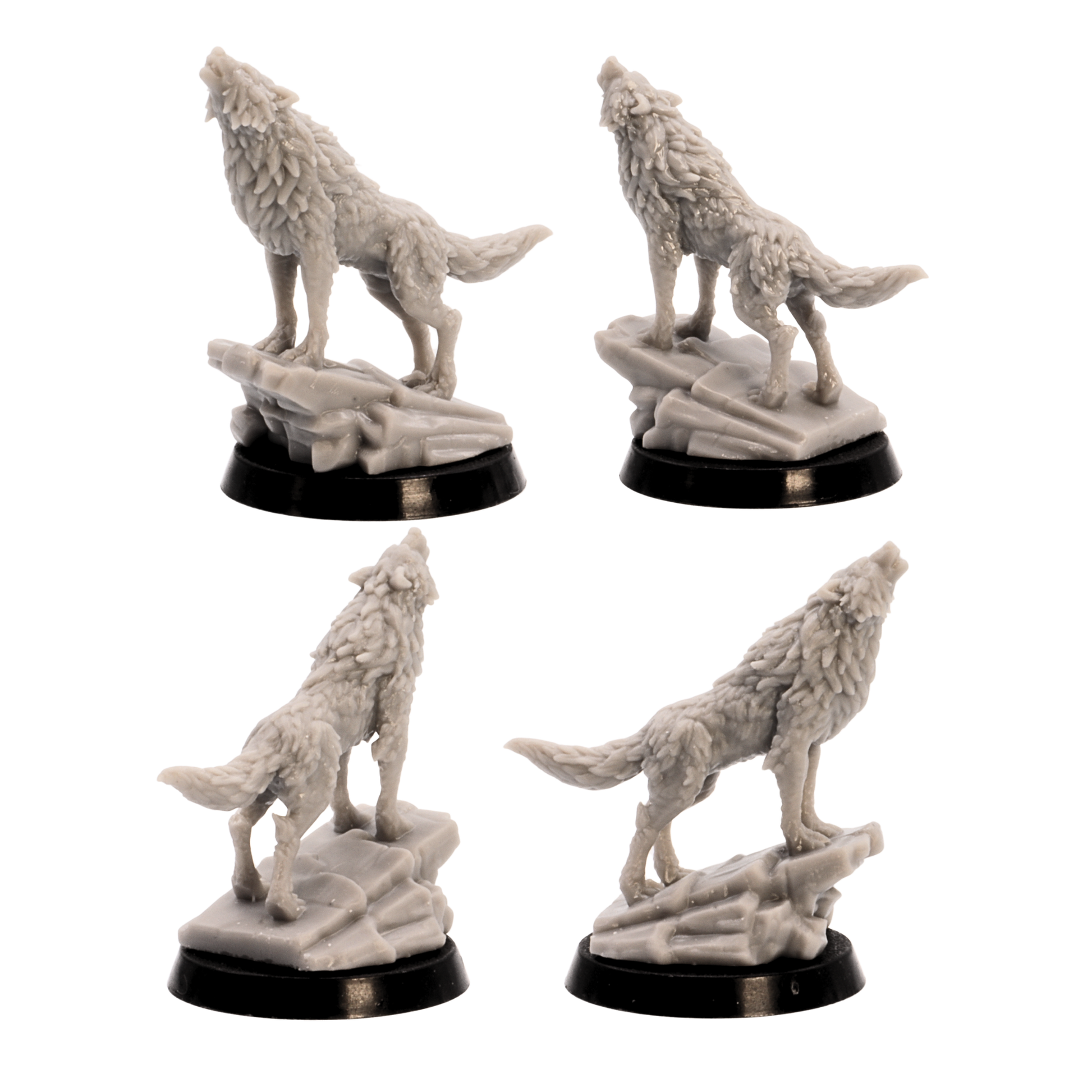 Unpainted howling wolf miniature standing on a rocky scenic base from the Forest Animals set.