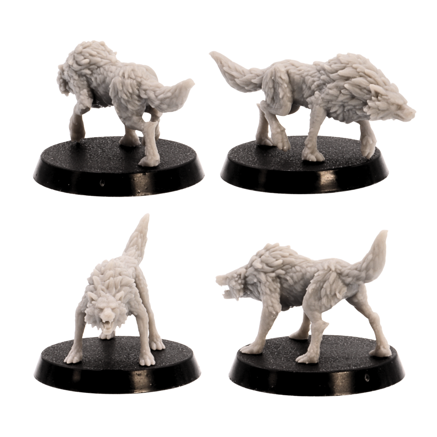 Unpainted wolf miniatures from the Forest Animals set shown from multiple side and front angles.