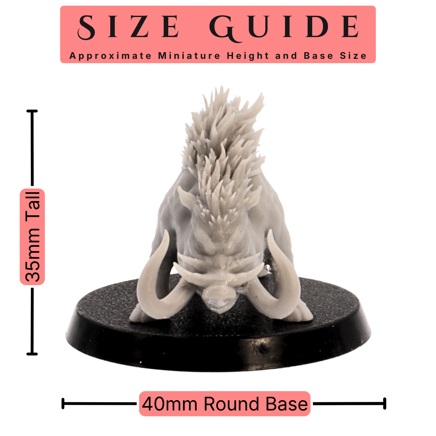 Size guide for a 28mm scale Forest Boar miniature showing 35mm height and 40mm round base.