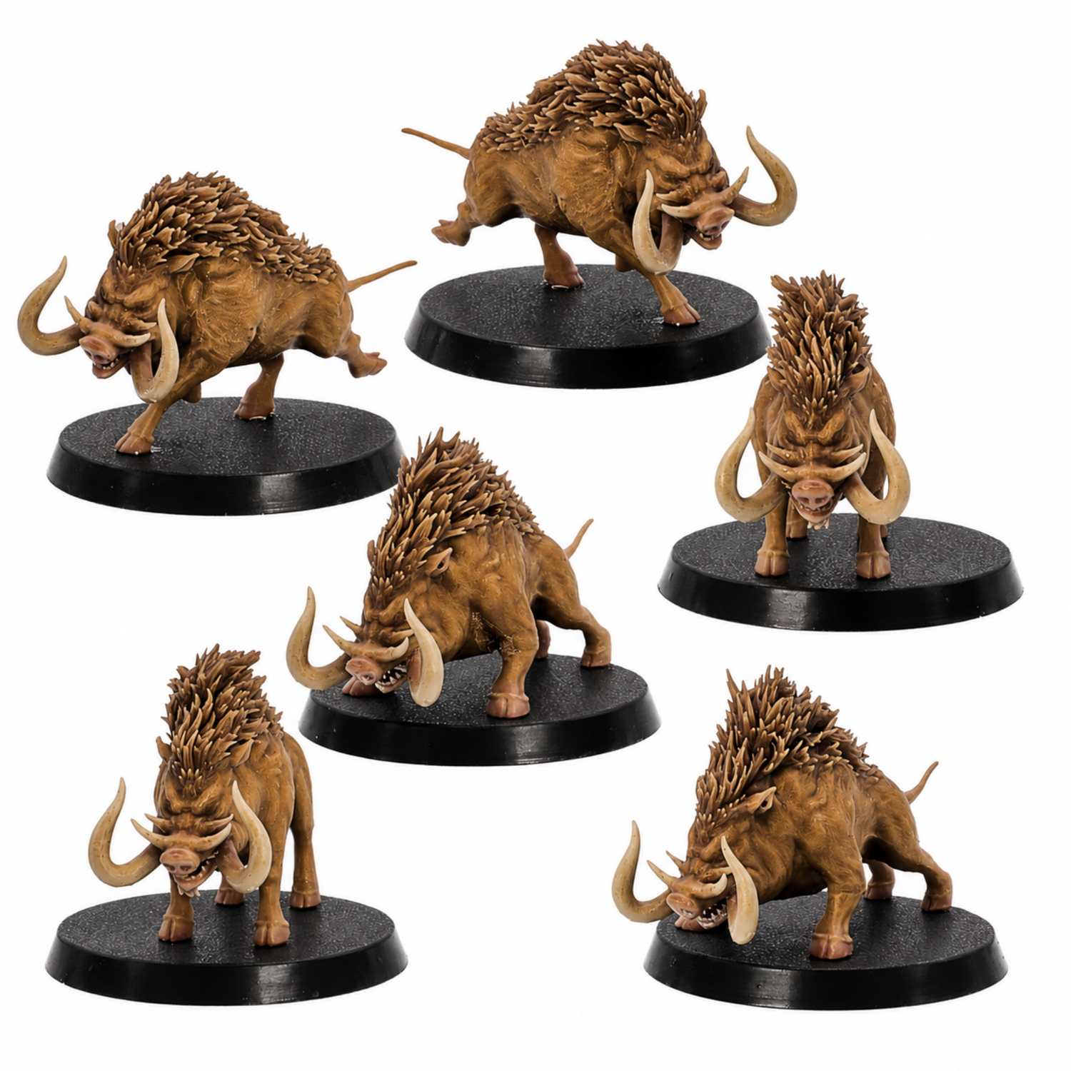 Painted example of six Forest Boar fantasy miniatures by Epic Miniatures on 40mm round bases.