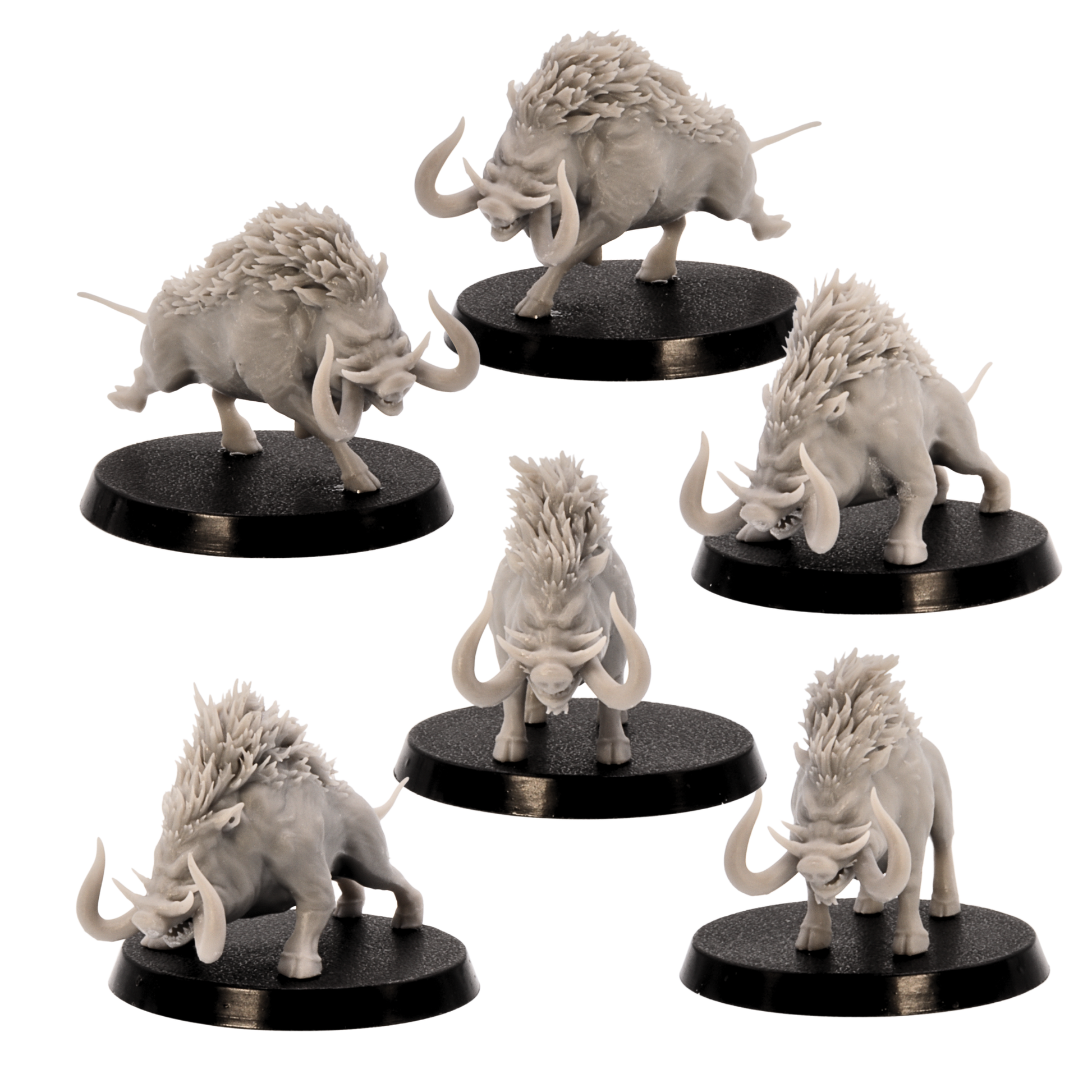 Unpainted Forest Boars miniature set by Epic Miniatures showing six boars from front and angled views on round bases.