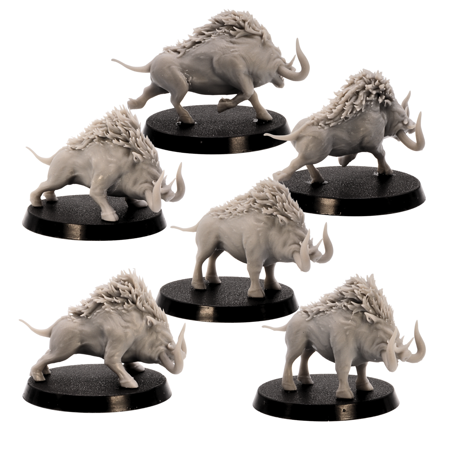 Unpainted Forest Boars x 6 set by Epic Miniatures showing side views of tusked boar miniatures on 40mm round bases.