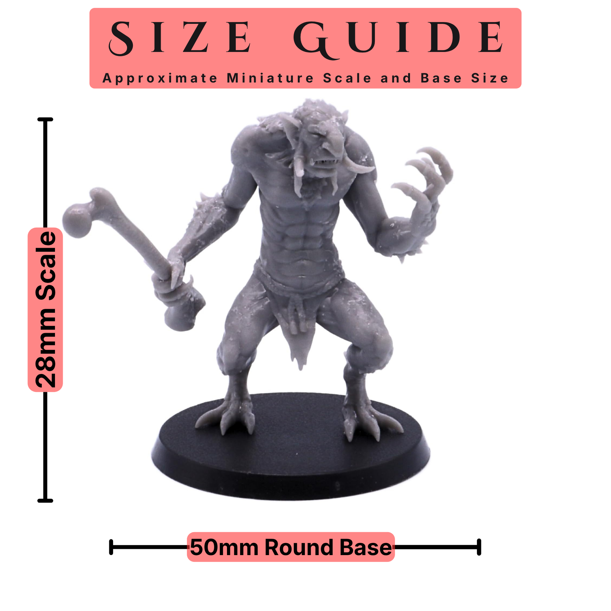 Forest Troll miniature shown at 28mm scale on a 50mm round base.