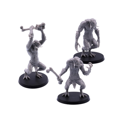 Complete set of three Forest Troll miniatures shown together on 50mm round bases.