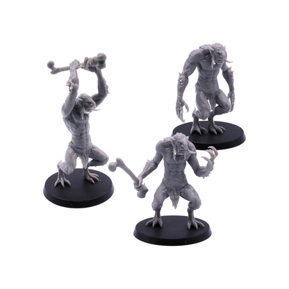 Complete set of three Forest Troll miniatures shown together on 50mm round bases.
