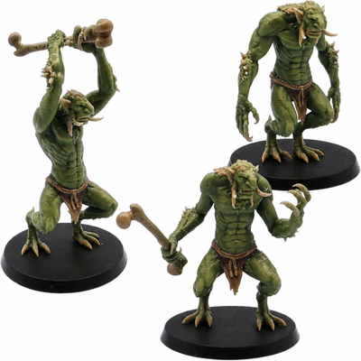 Painted Forest Trolls Set of 3 by Epic Miniatures featuring three hulking green trolls in varied poses.