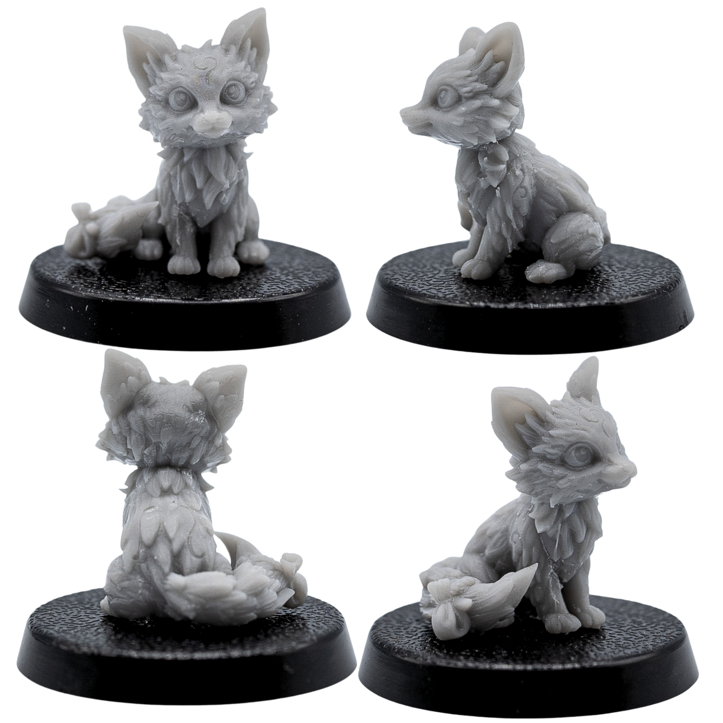 Unpainted fox familiar shown from multiple angles with large ears and detailed tail.