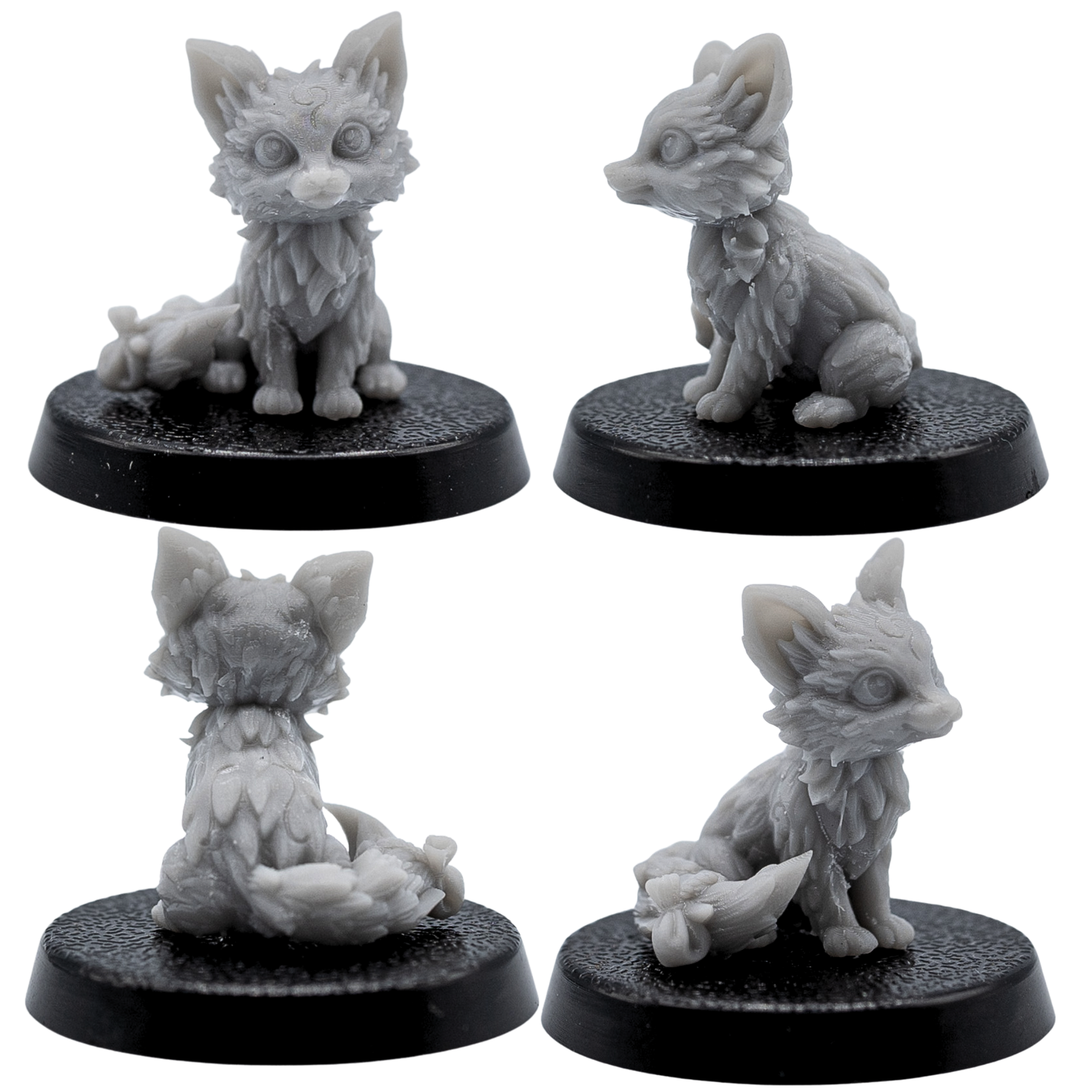 Unpainted fox familiar shown from multiple angles with large ears and detailed tail.