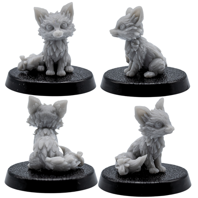Unpainted fox familiar shown from multiple angles with large ears and detailed tail.
