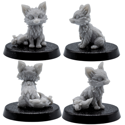 Unpainted fox familiar shown from multiple angles with large ears and detailed tail.